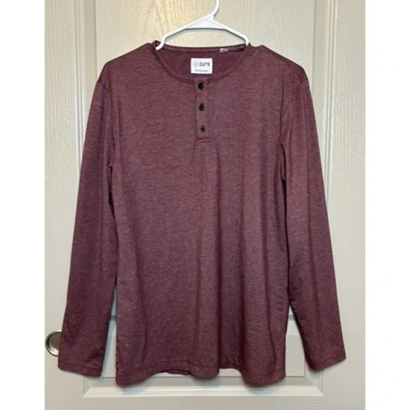 Cuts Curve Hem Pyca Pro Long Sleeve Henley Shirt Mens Purple Stretch Casual City - Picture 1 of 6